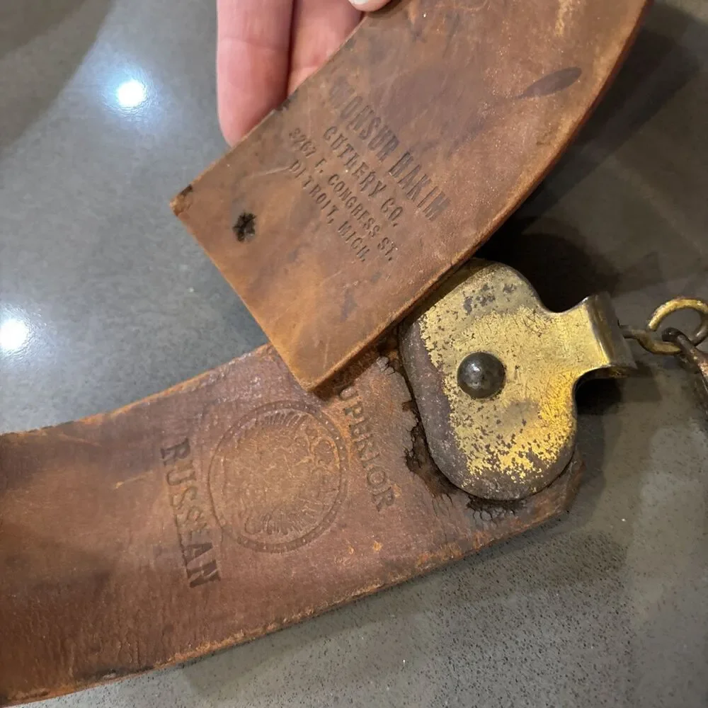 Detroit Made VTG Sharpening Strop Hide & Metal Clip From Monsur Hakim Cutlery